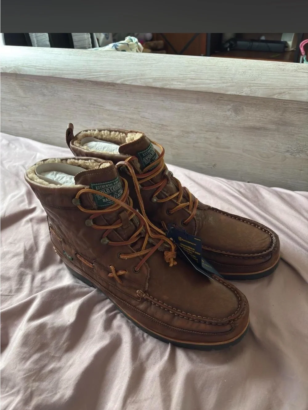 Ralph Lauren Brown Leather Boots with Shearling Collar